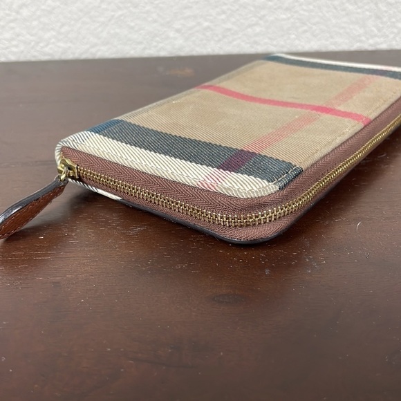Burberry Elmore Zip Wallet Leather with Horseferry Check Canvas Brown Tan Plaid - Picture 6 of 13